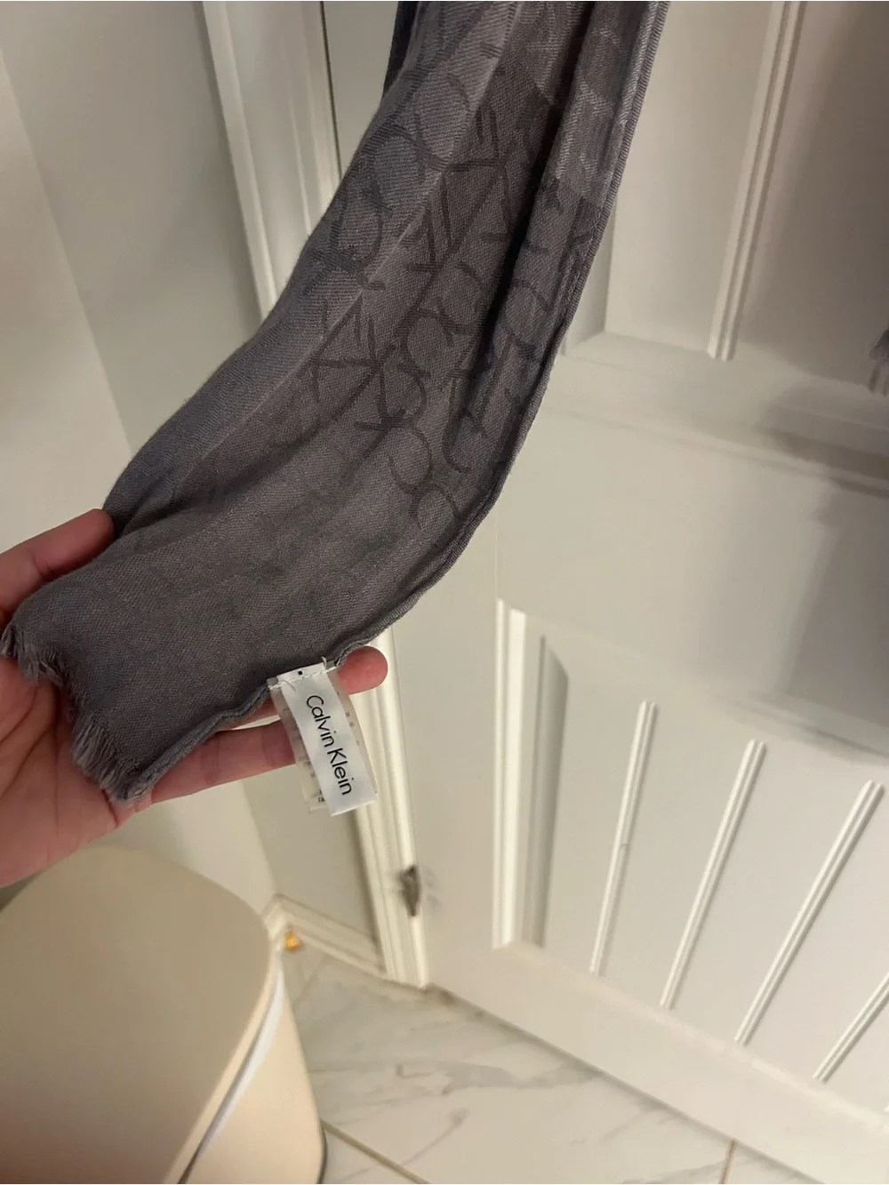 🤩 Calvin Klein Gray Logo Monogram Scarf | Lightweight Rayon Fringe Wrap Shawl
